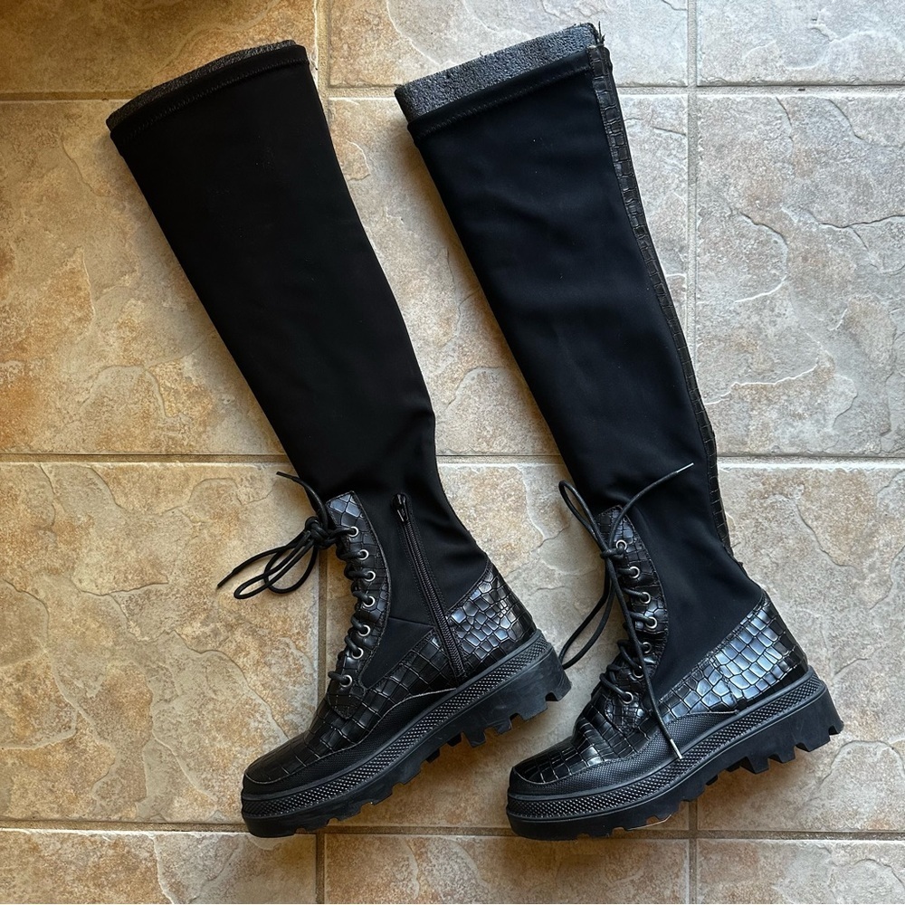 NEW Free People Shoreditch Tall Croc Textured Leather Black Boots​​​